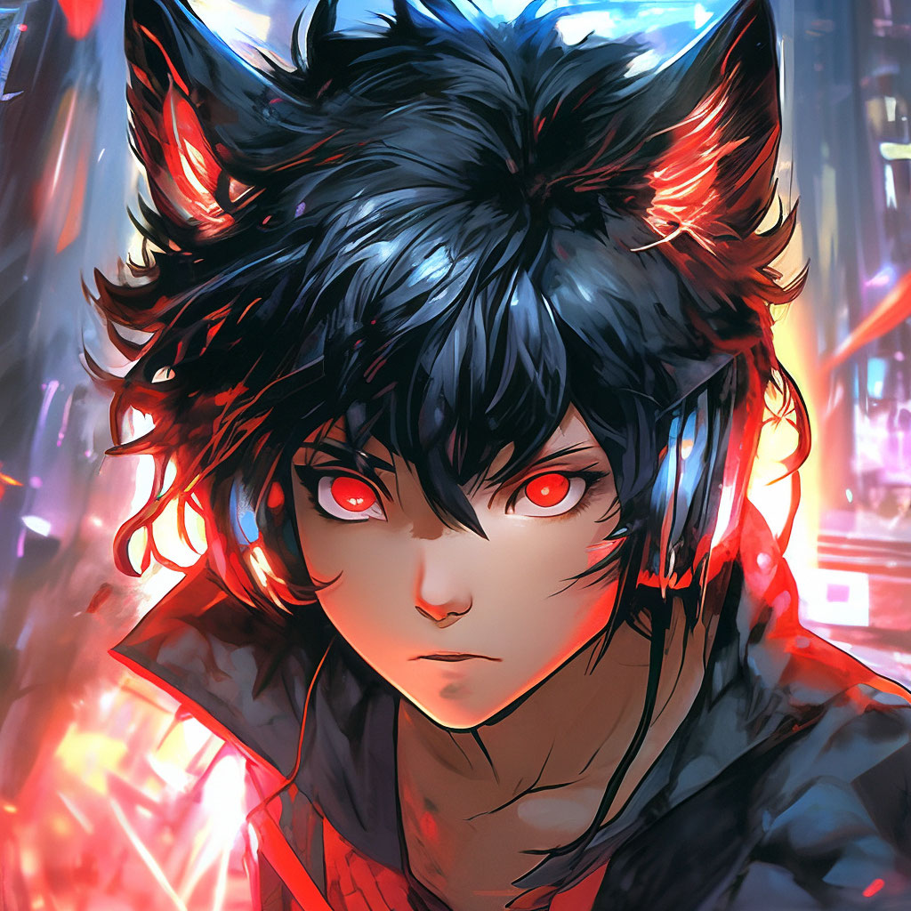 Wolf boy with black hair, red eyes, …