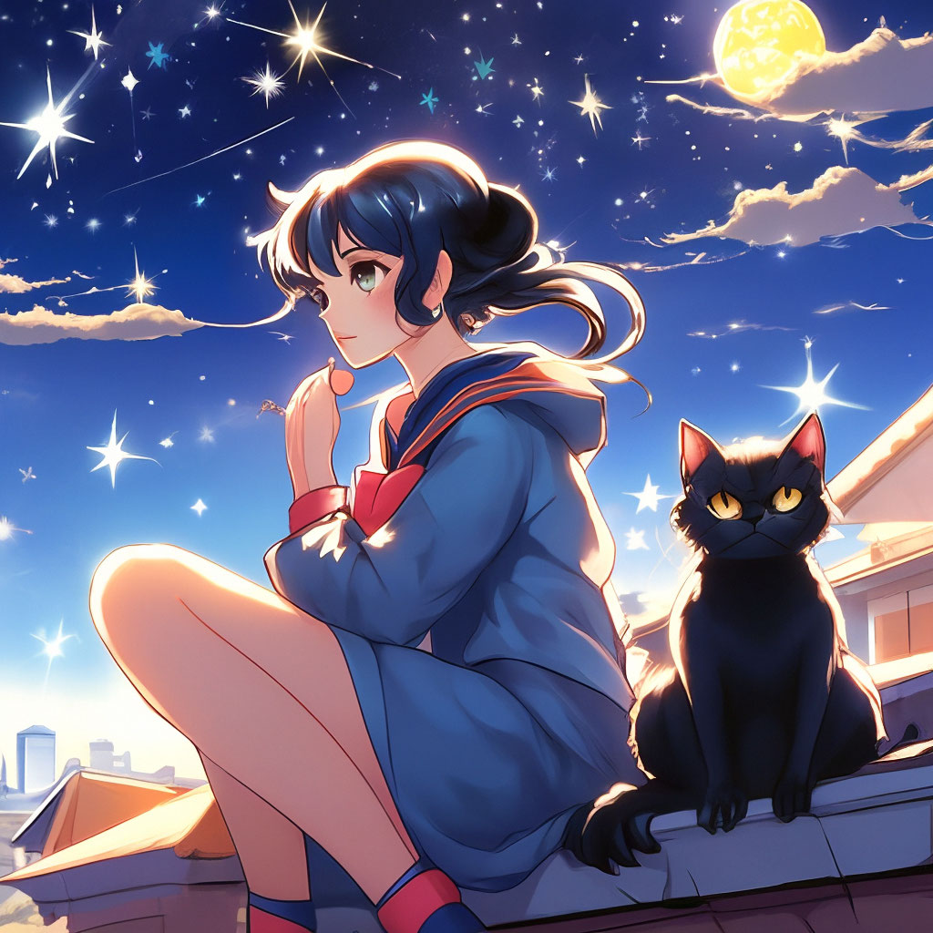 Sailor Moon with her black cat, …» — создано в Шедевруме