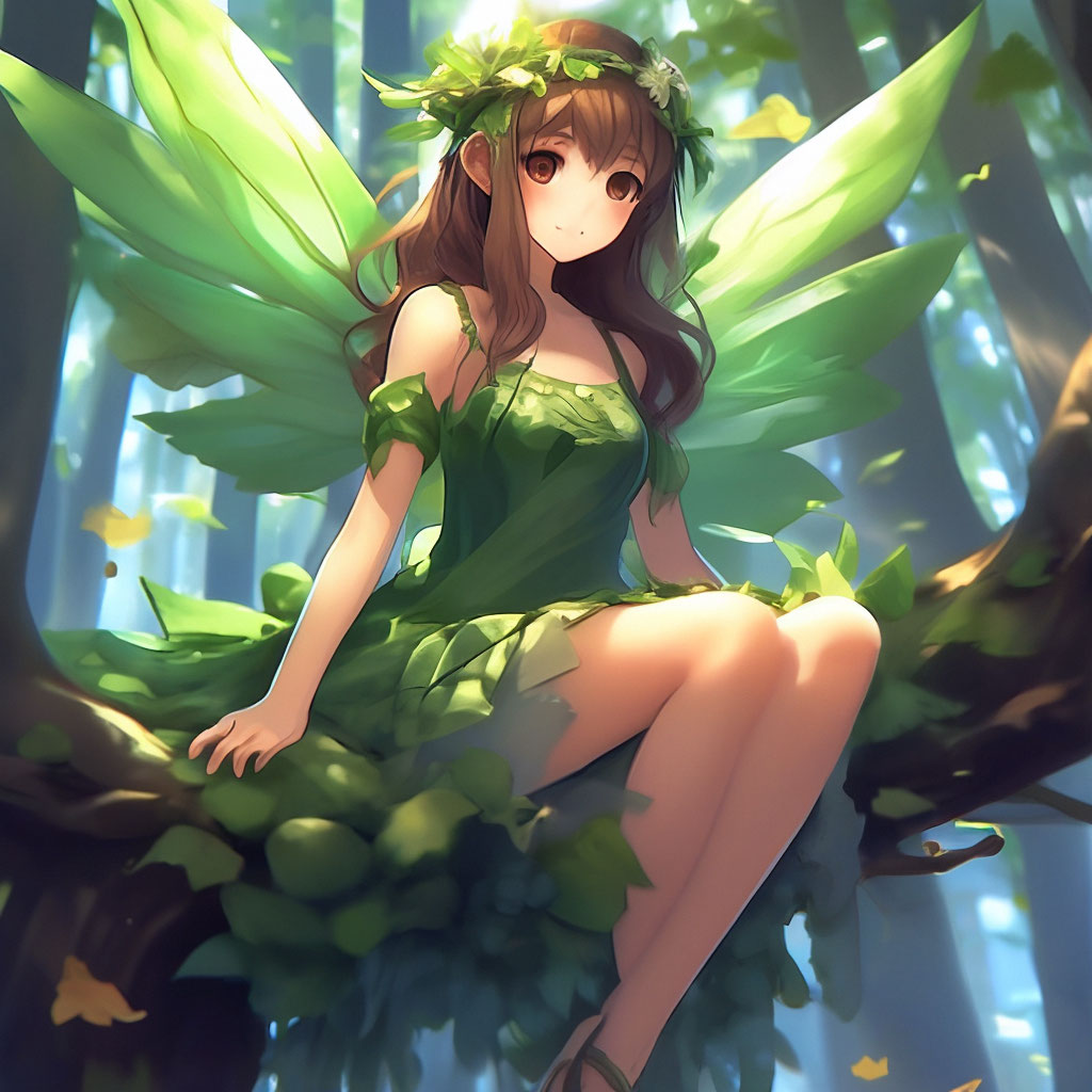 Forest fairy, brown hair, green dress made of leaves, fairy wings, white "   image created in Shedevrum