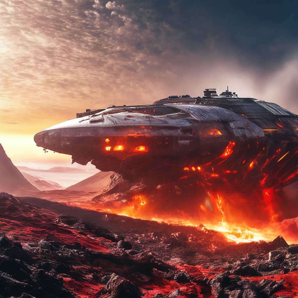 A destroyed spaceship lies on the …" — image created in Shedevrum