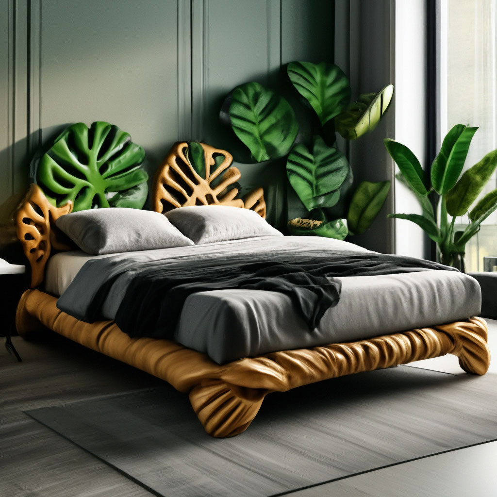 The bed inspired by the Monstera plant is an amazing and unique piece of  furniture. This bed has a headboard and "  image created in Shedevrum