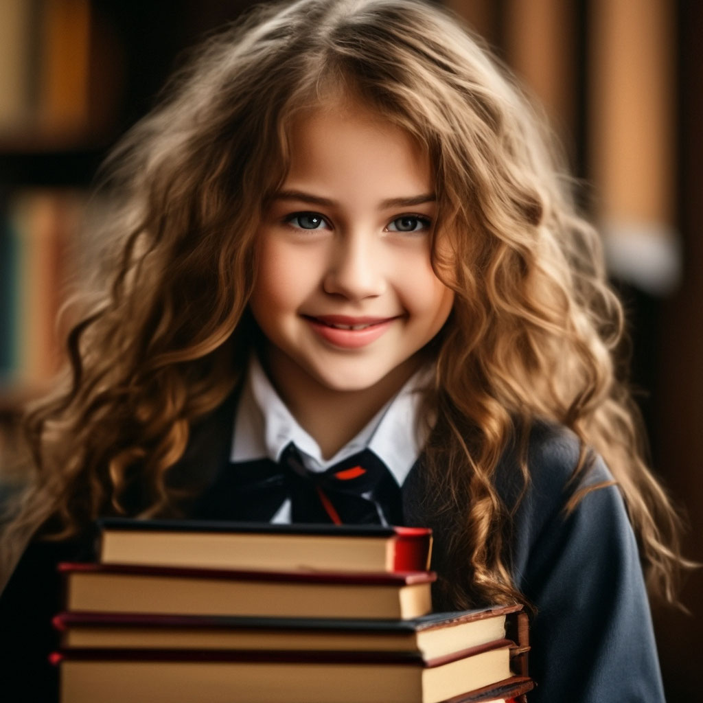 девочкашкольница Девочка-школьница несёт охапку книг, улыбка, радость, фотографическая  точность» — картинка создана в Шедевруме