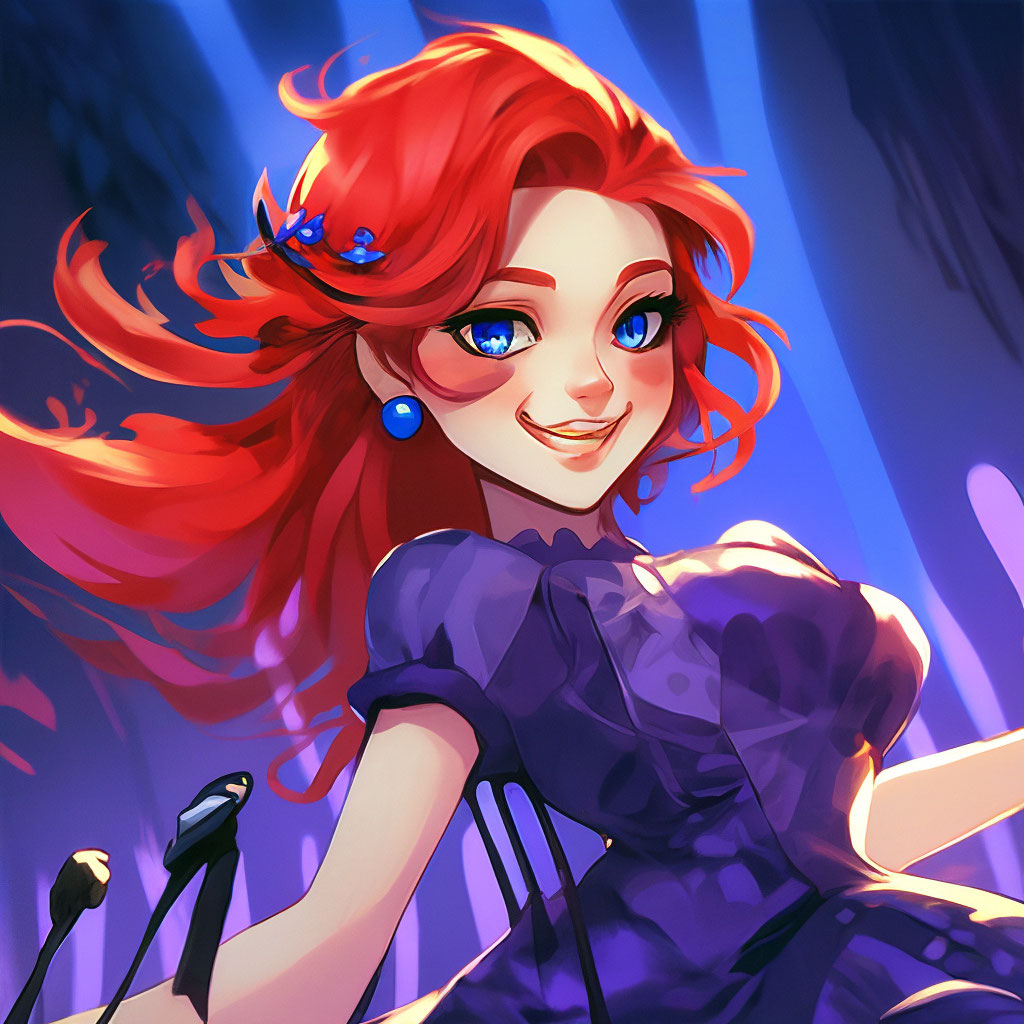 cartoon character with red hair and purple dress Girl with Red Hair Cartoon Characater with A Purple Sparkly Dress