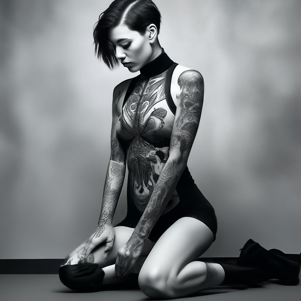 Model girl with tattoo, black and…