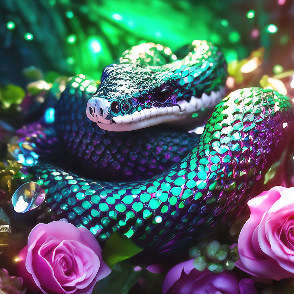 Чашка с цветной ручкой Черная змея с розами