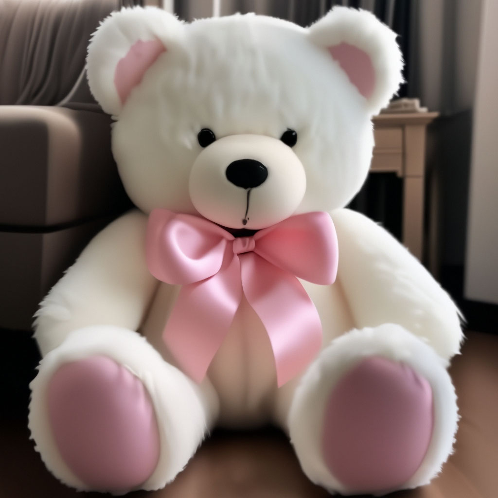 🧸🎀🧸 FLUFFY TEDDY BEAR,WHITE, BIG TOY, PINK BOW 