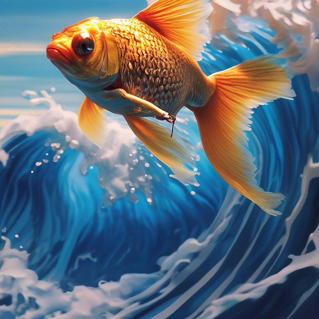 Золотая рыбка на волне — раскраска для детей. Распечатать бесплатно.