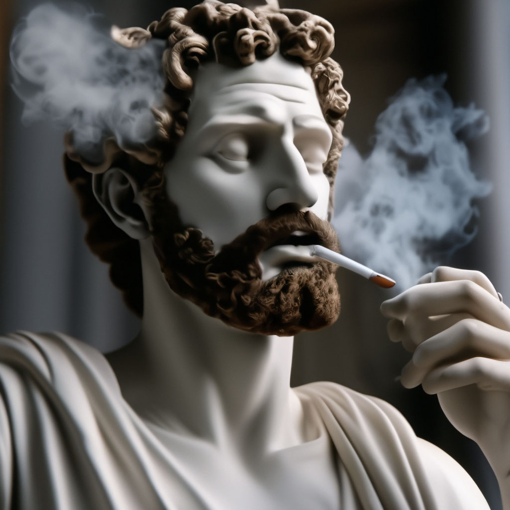 Antique ancient Greek statue smoking a cigarette, 4k, realism, focus on the  face, bottom view