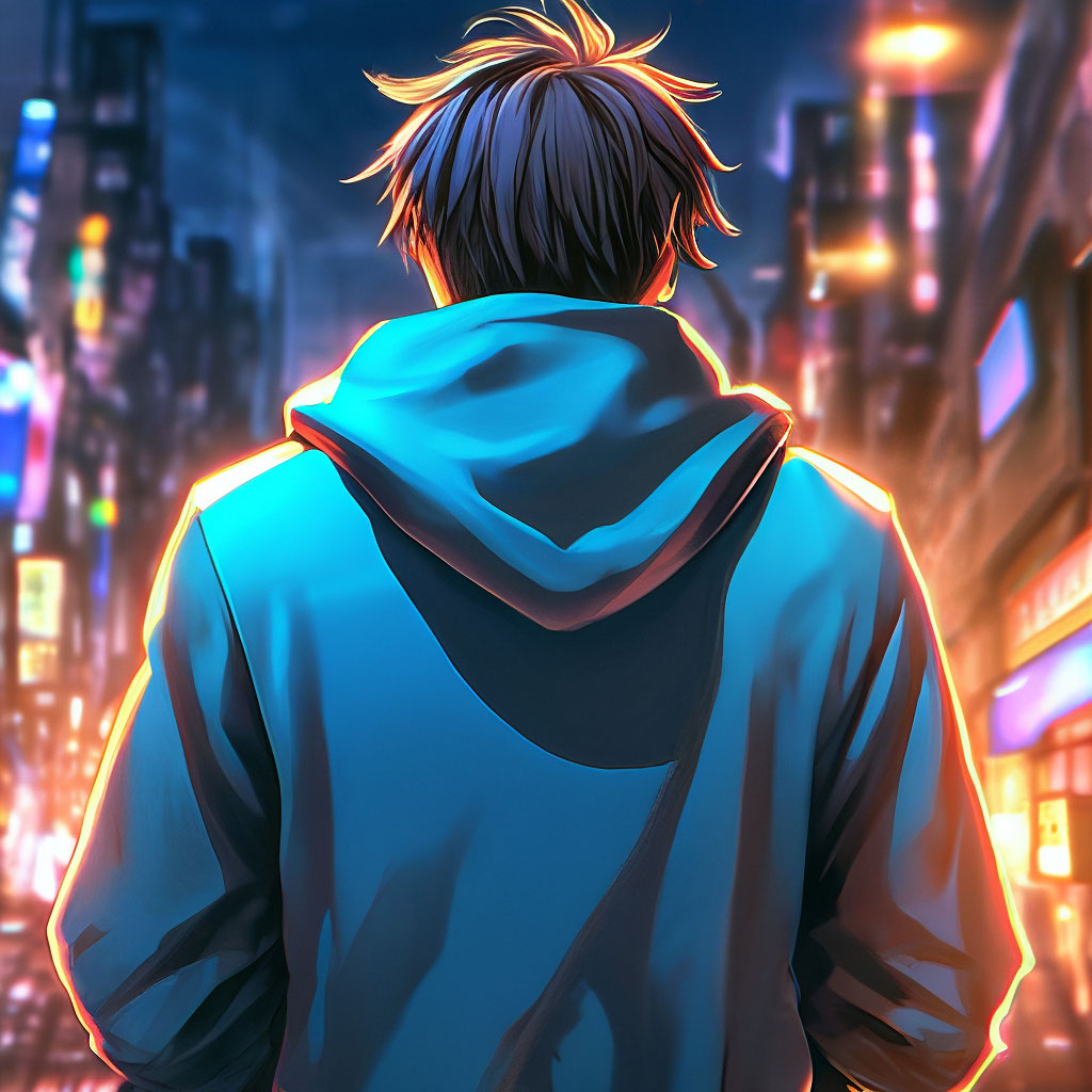 Anime guy in hoodie has his back to image created in Shedevrum