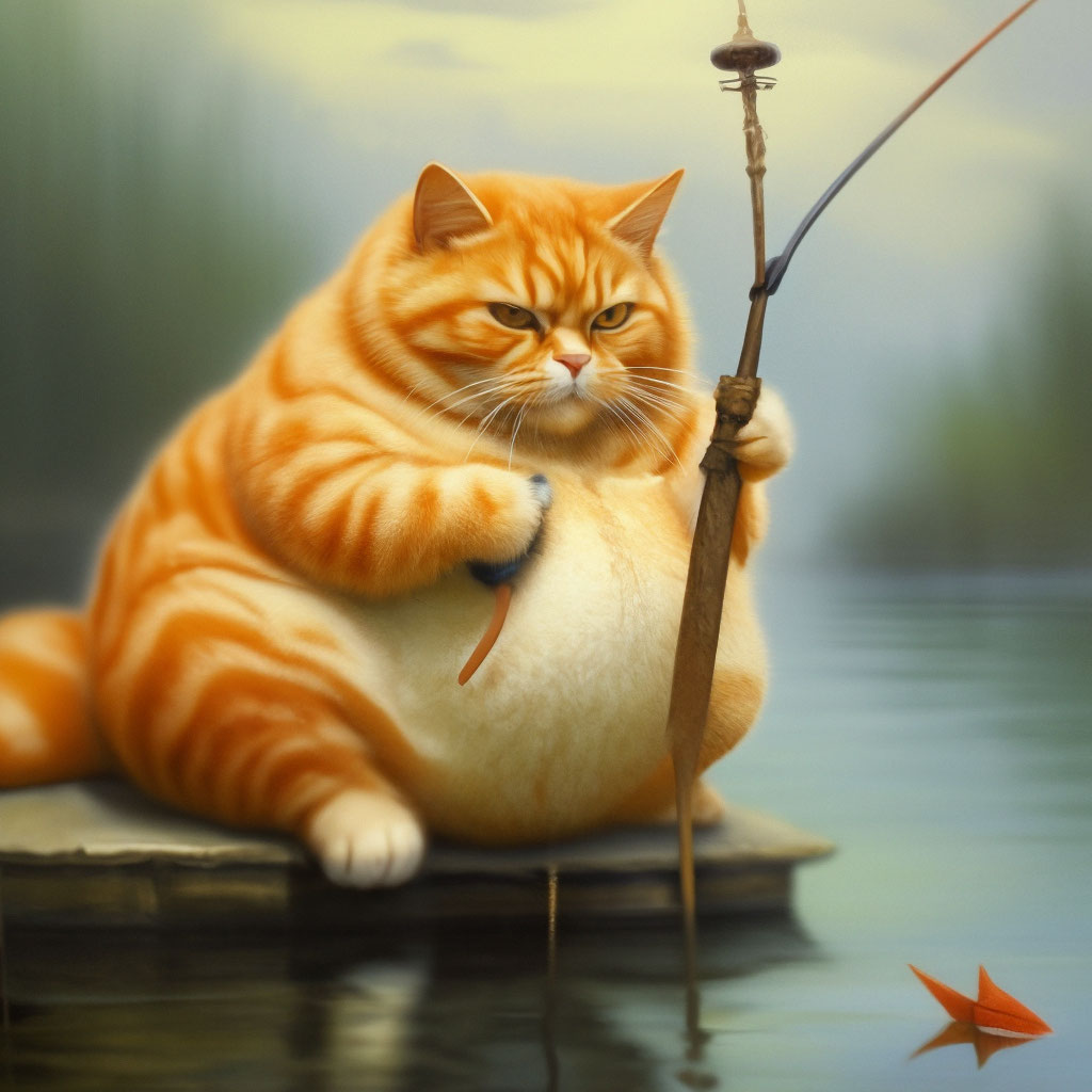 Жирный рыжий кот ловит рыбу, озеро…» — создано в Шедевруме