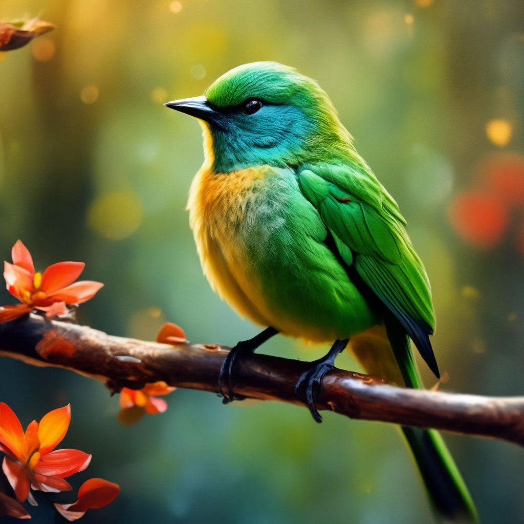 Птицы зеленого цвета фото "A beautiful green bird sitting on a ." - image created in Shedevrum