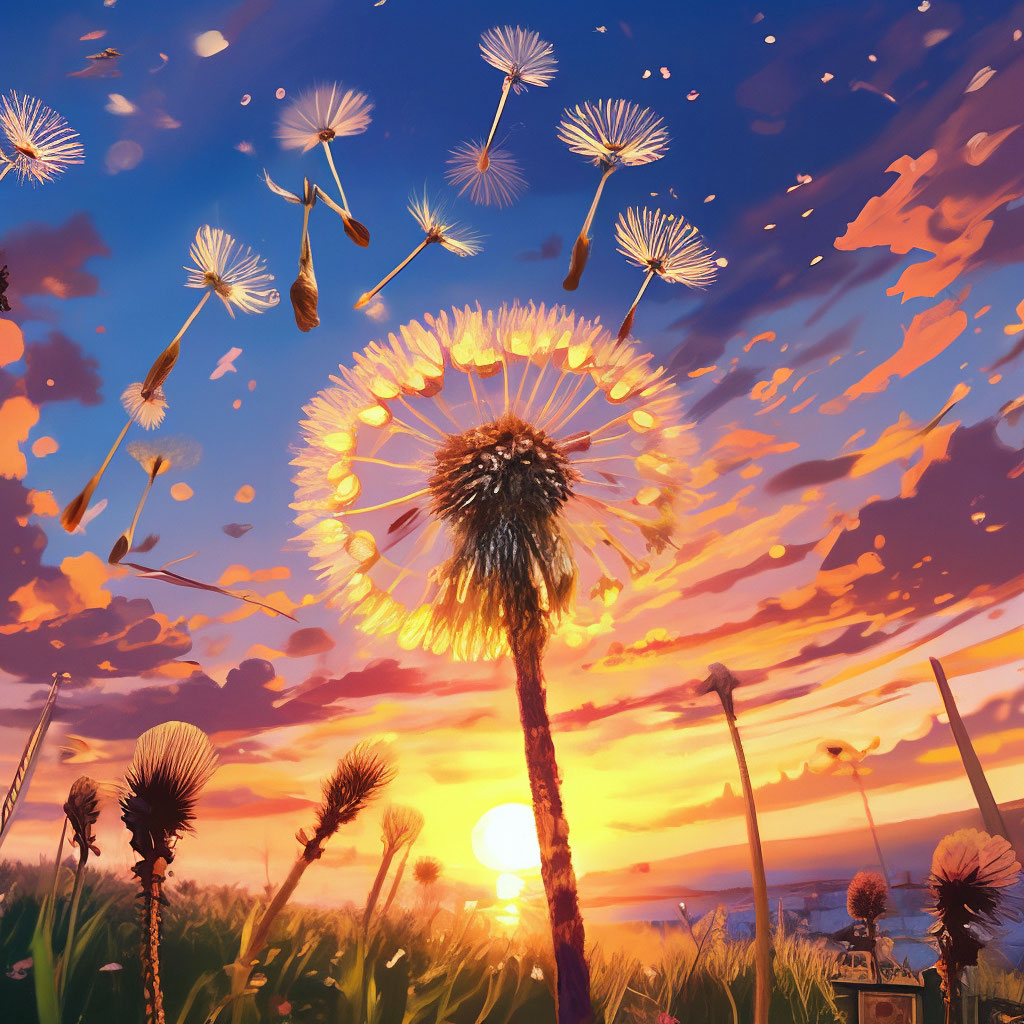 «Одуванчик разлетается на фоне неба, …» — создано в Шедевруме