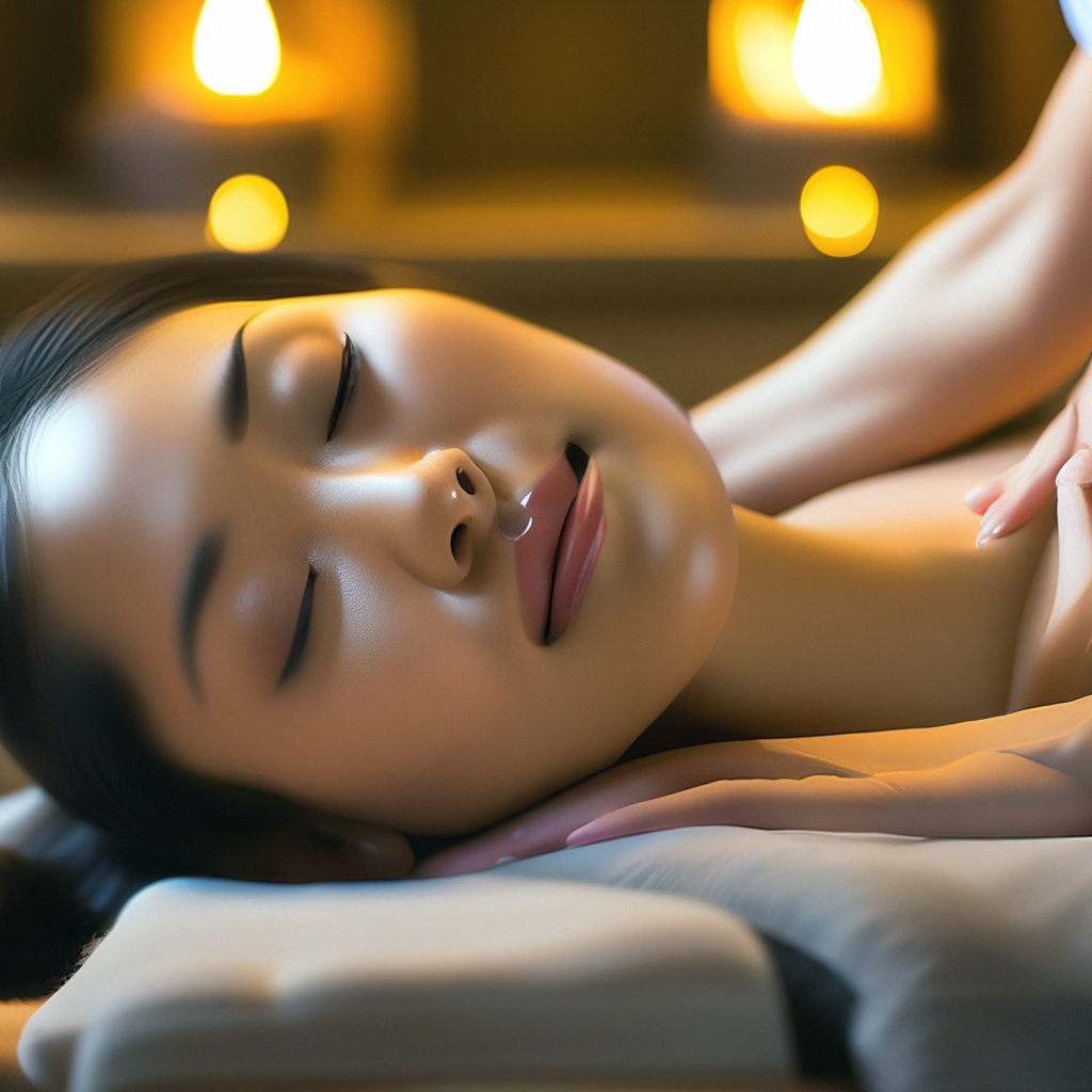 Asian woman getting a massage at spa with woman in white gown,