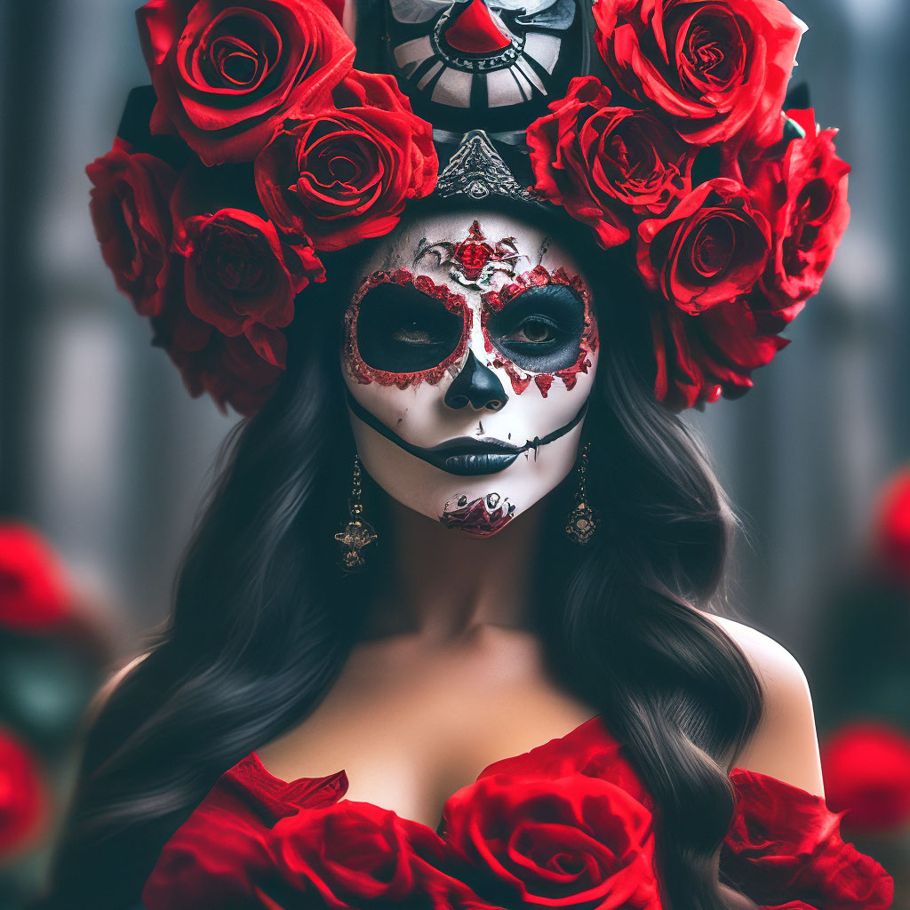 Girl in black and red dress style La Catrina Costumes on her head headband  crown of the sun red roses Halloween day…