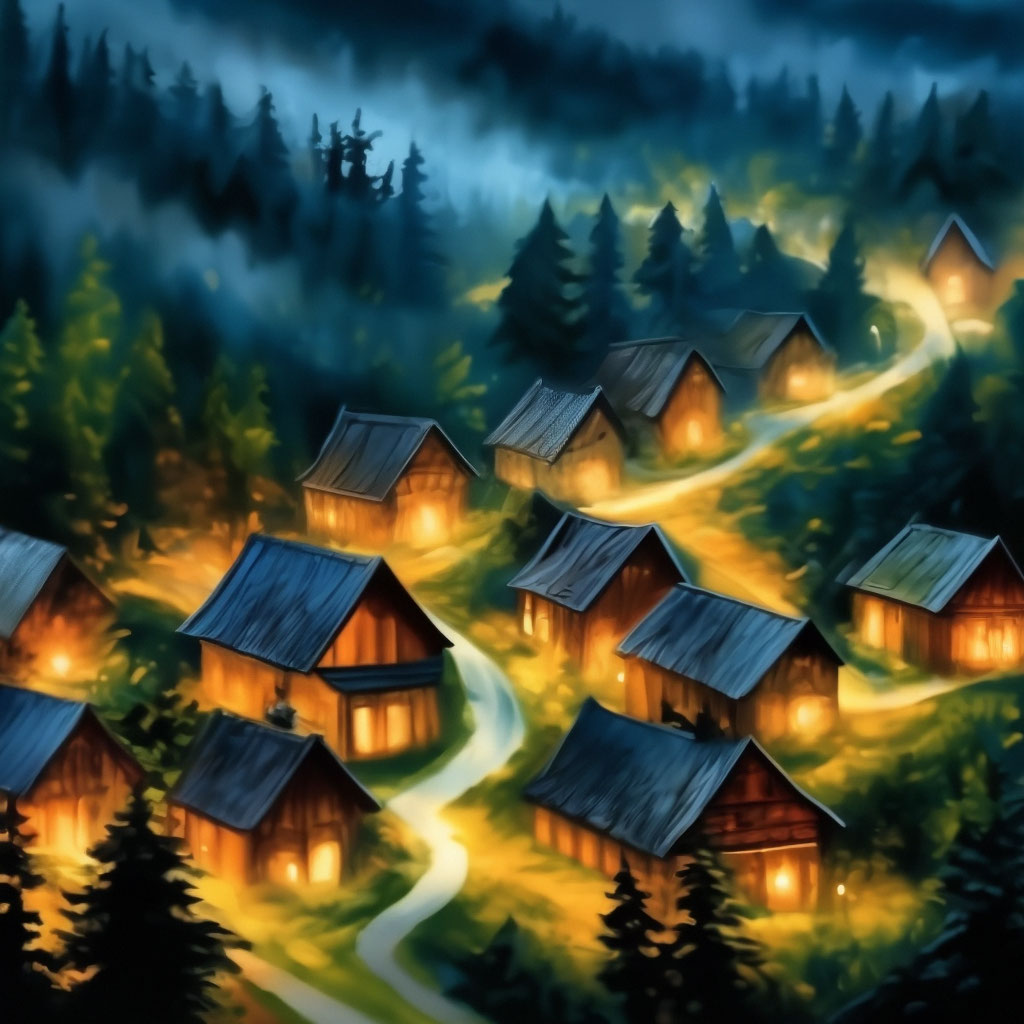 Деревня, лес, огни, ночь, графика, …» — создано в Шедевруме