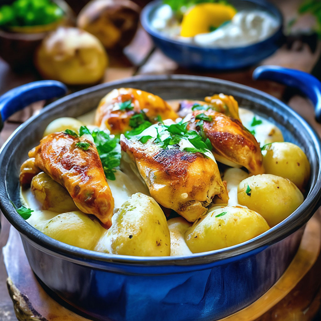 Картофель с куриным филе в яичной заливке в горшочках
