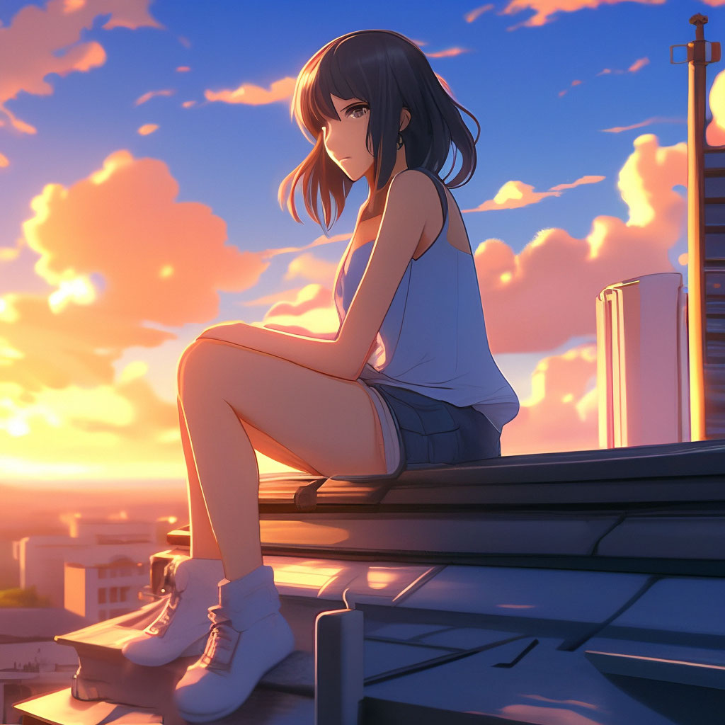 Аниме девочка сидит на крыше здания…» — создано в Шедевруме