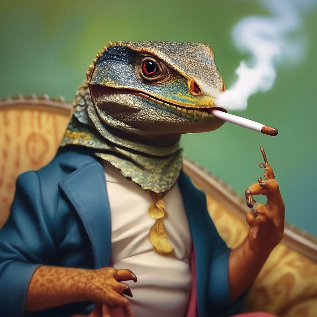 Monitor lizard in underpants and a cigarette