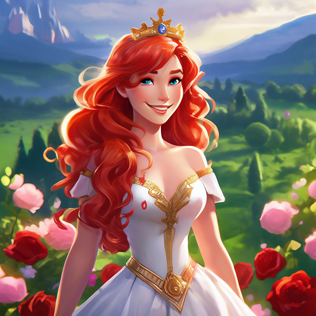 Disney style, Disney princess, waist-high, crown, orange red hair, green  eyes, grinning, long curly hair below the "  image created in Shedevrum