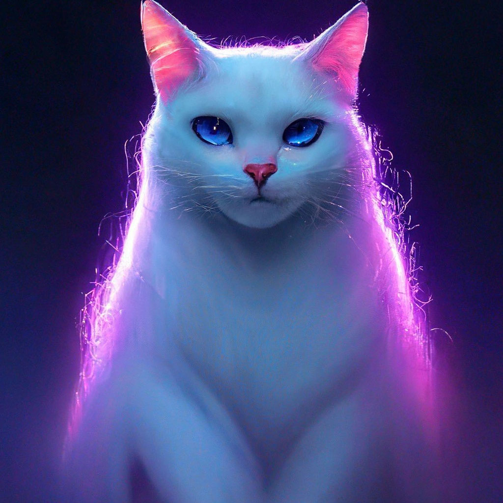 «Белый кот в неоновом освещении» — создано в Шедевруме