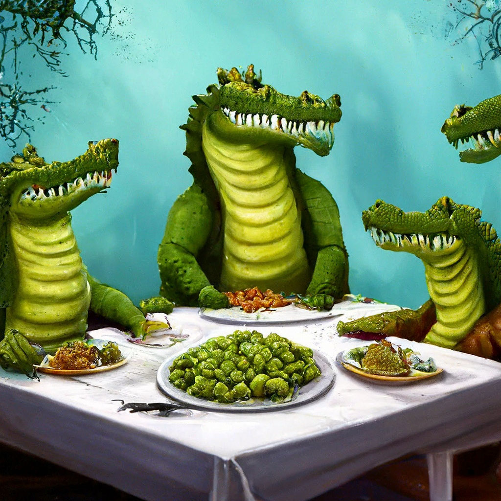 «Крокодилы за столом едят капусту с…» — создано в Шедевруме