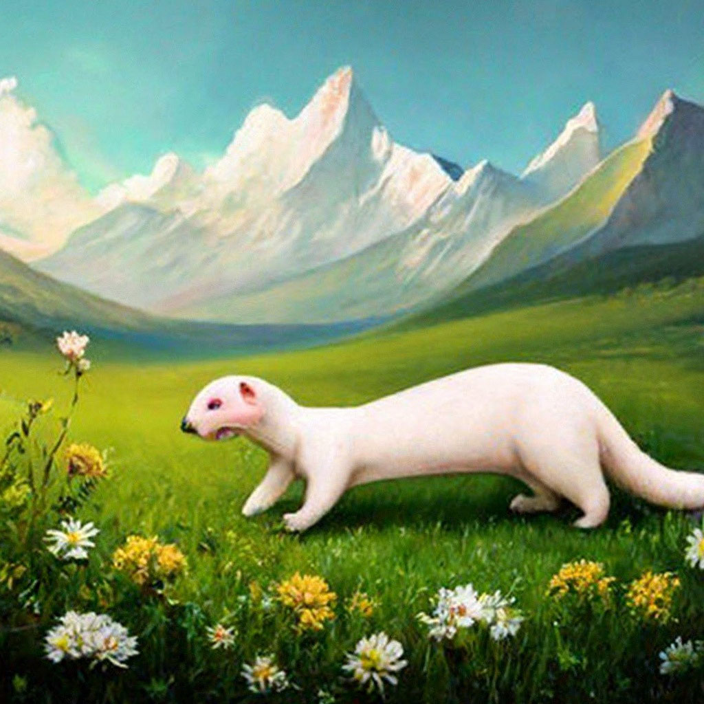 «Белый хорек бежит по волшебному …» — создано в Шедевруме