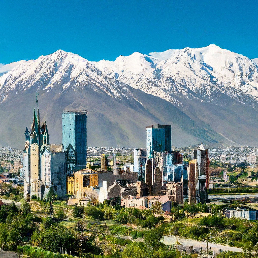 Алматы в 1655 на фоне горы Алатау …» — создано в Шедевруме