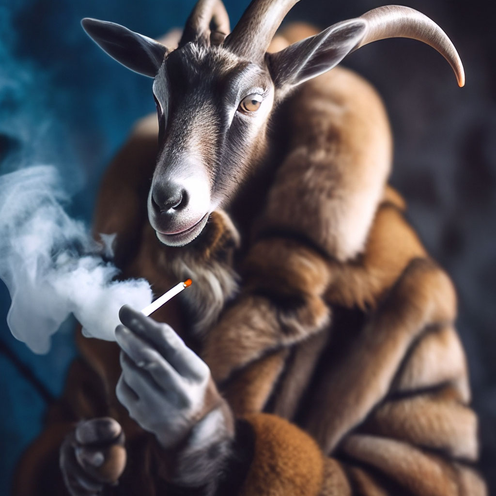 goat cigarette A goat with a human body smokes a Marlboro cigarette in one hand, a pack in  the other between the fingers, a …