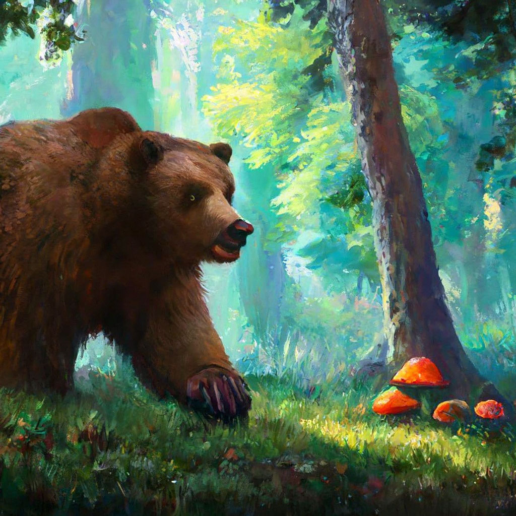 Детский рисунок. Медведь в лесу грибы собирает