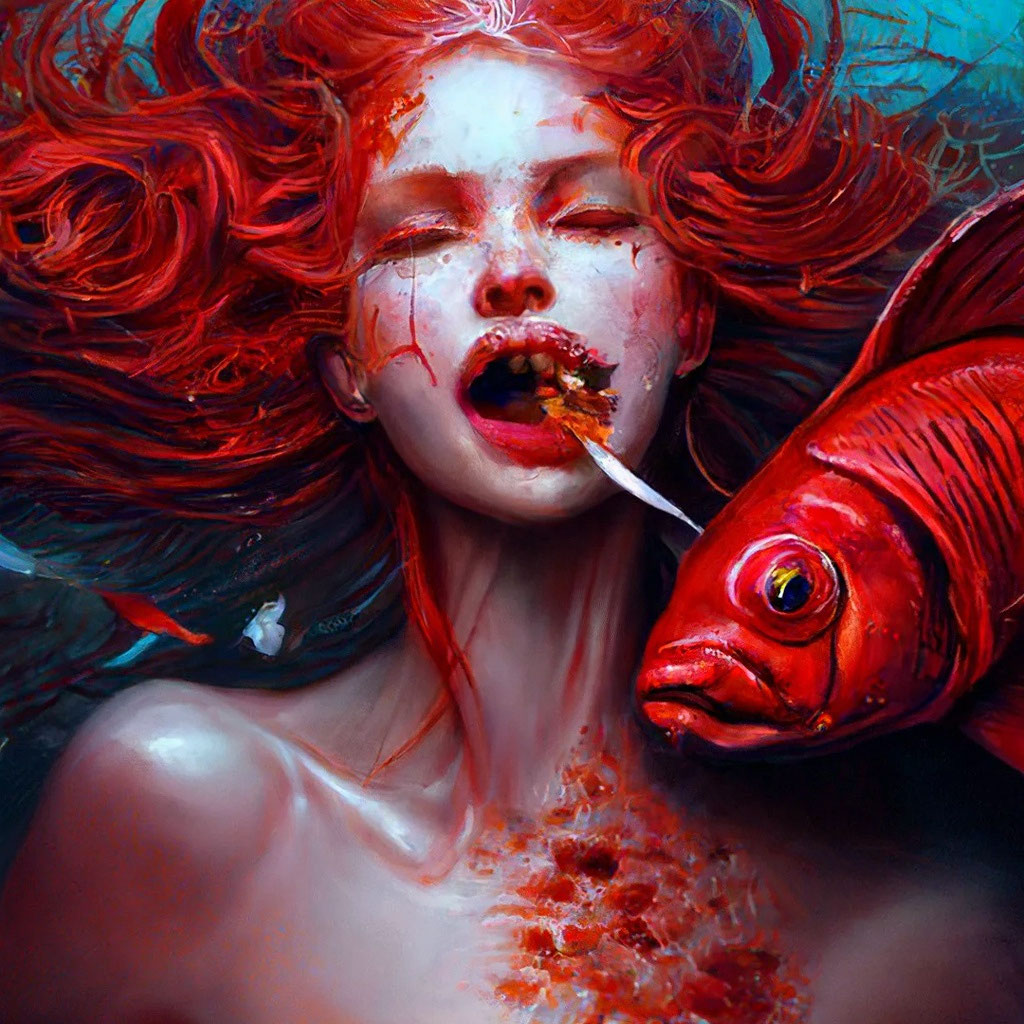 Красивая девушка мутант кусает рыбу…» — создано в Шедевруме