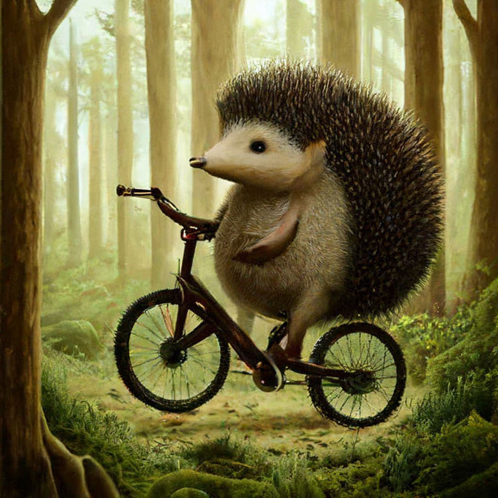 Ежик едет на велосипеде с корзиной, полной фруктов.
