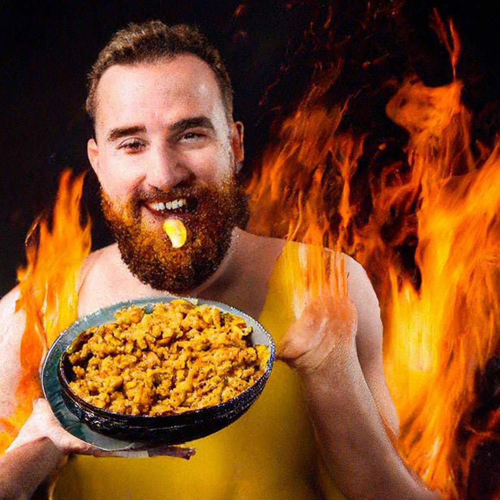 «Огненый человек ест нагетсы из кфс» — создано в Шедевруме