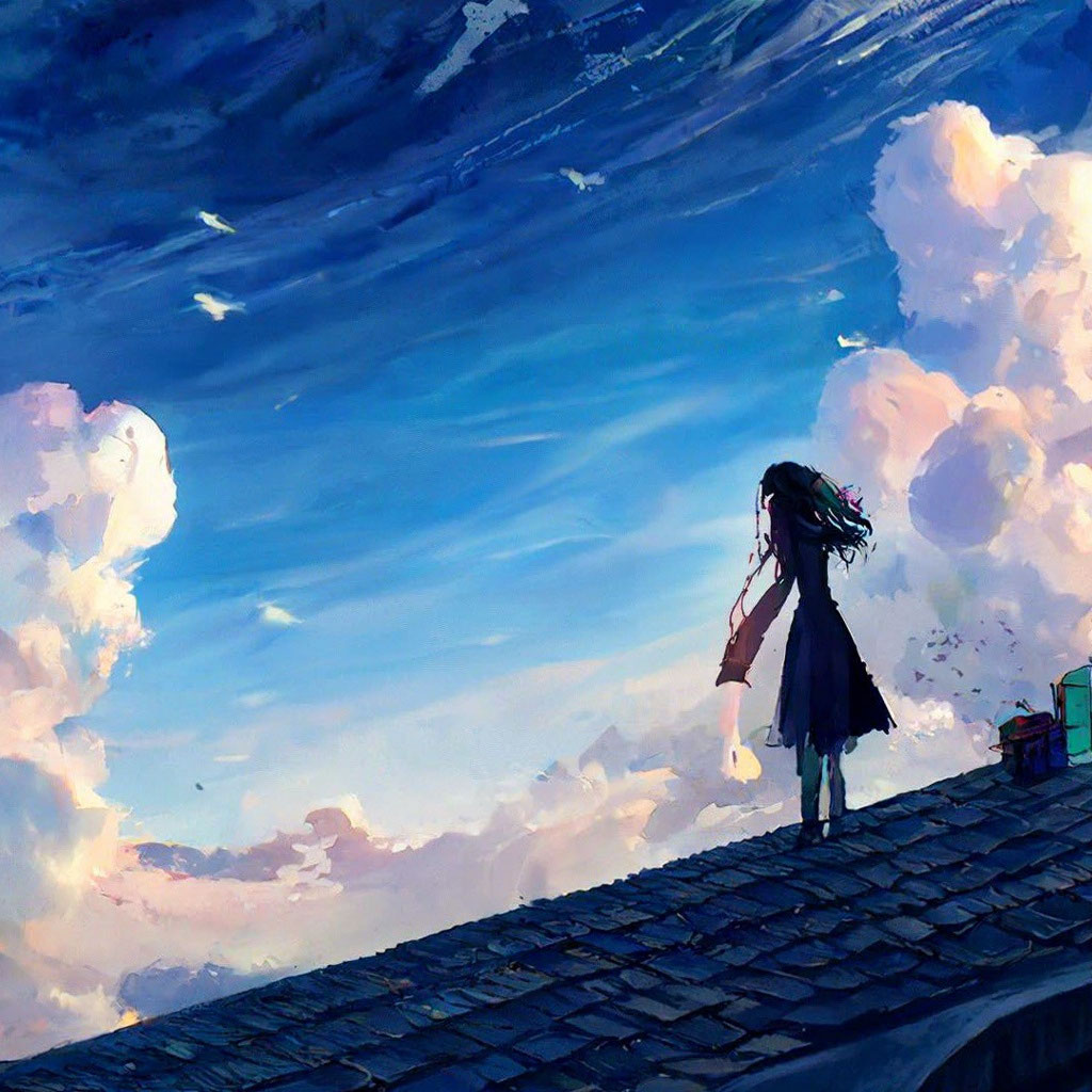 Девочка в аниме на крыше ходит …» — создано в Шедевруме