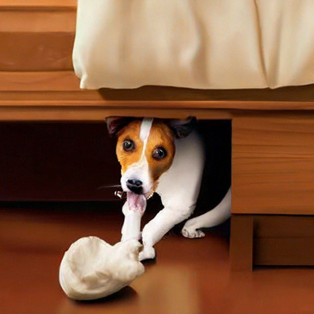 «Собака терьер под кроватью ест …» — создано в Шедевруме