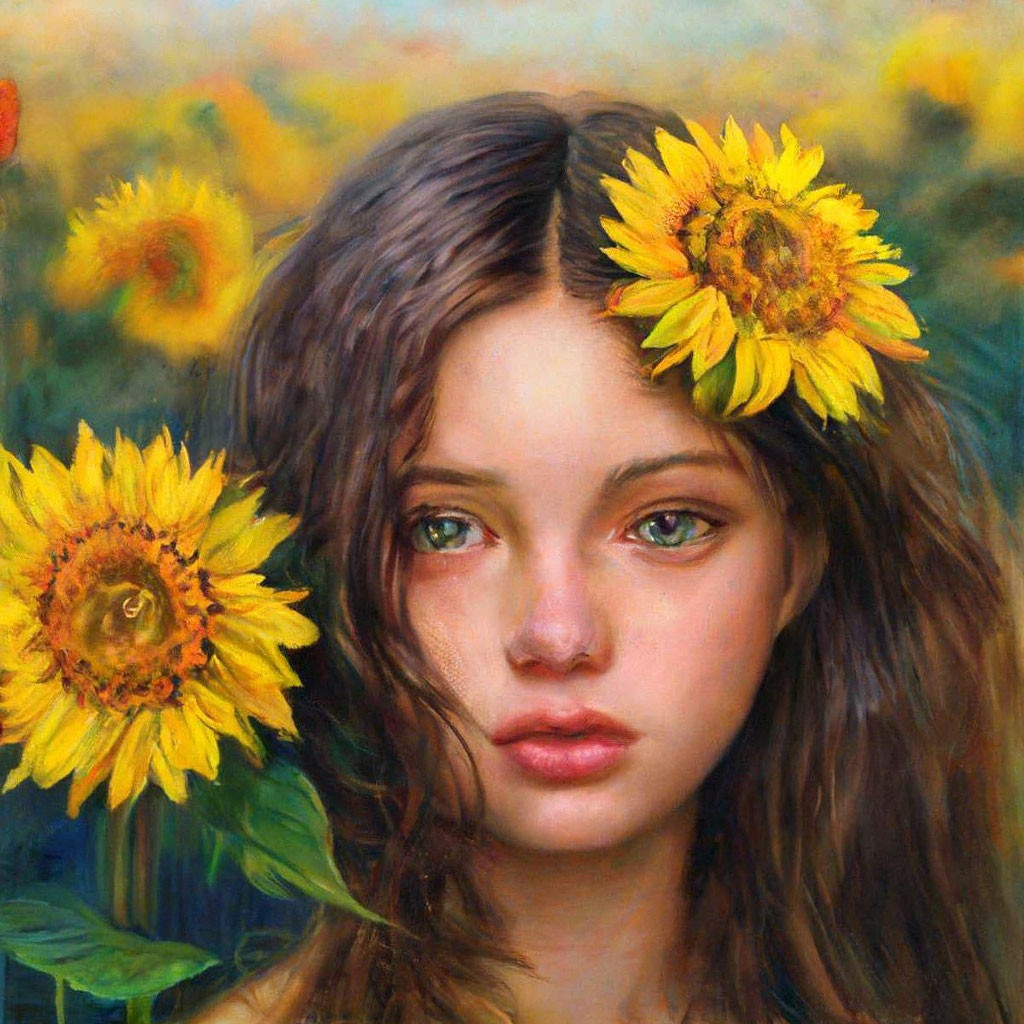 Прическа подсолнух женская "Girl in hair sunflowers" - image created in Shedevrum