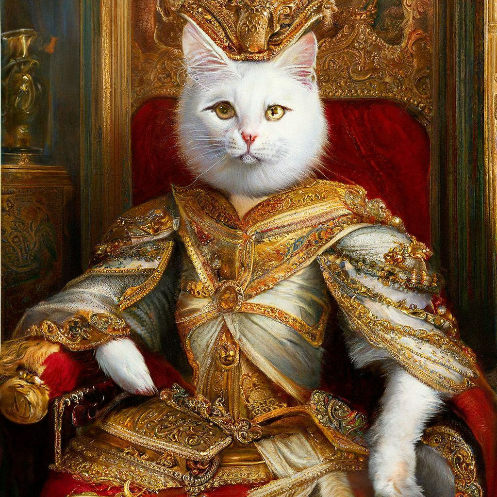 Кошка в царской одежде на троне, …» — создано в Шедевруме