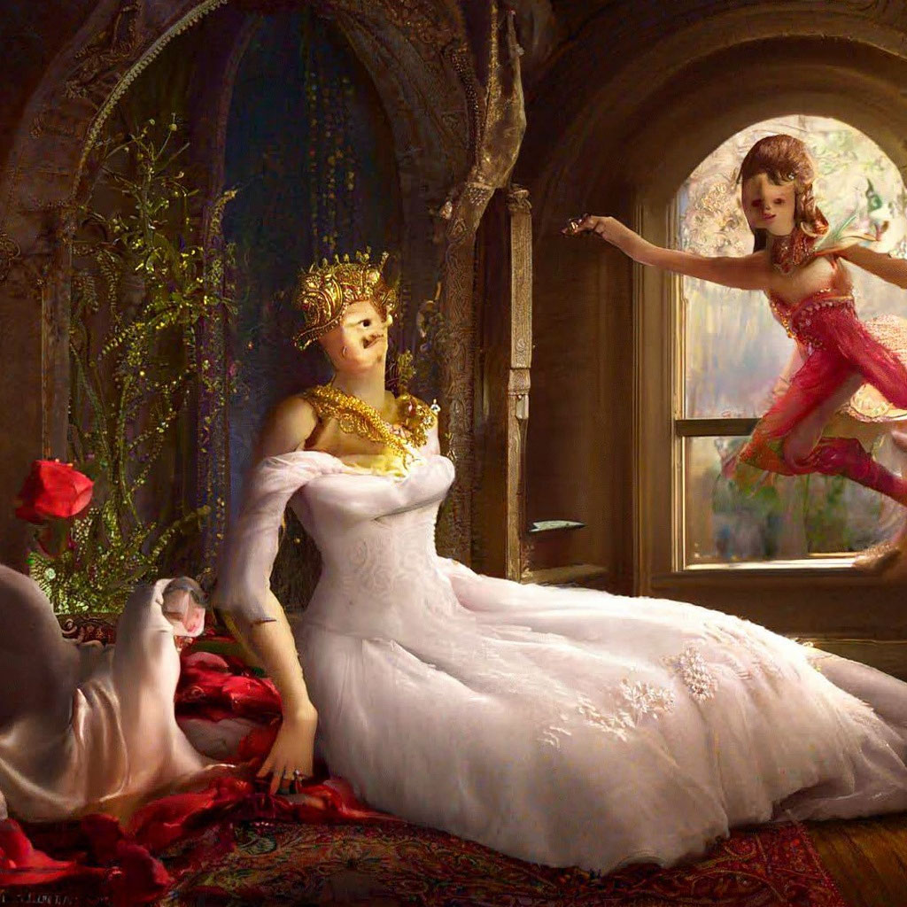 Princess Fiona is sleeping in a beautiful white dress, in a tower with a  dragon, a fairy is looking out the window "  image created in Shedevrum
