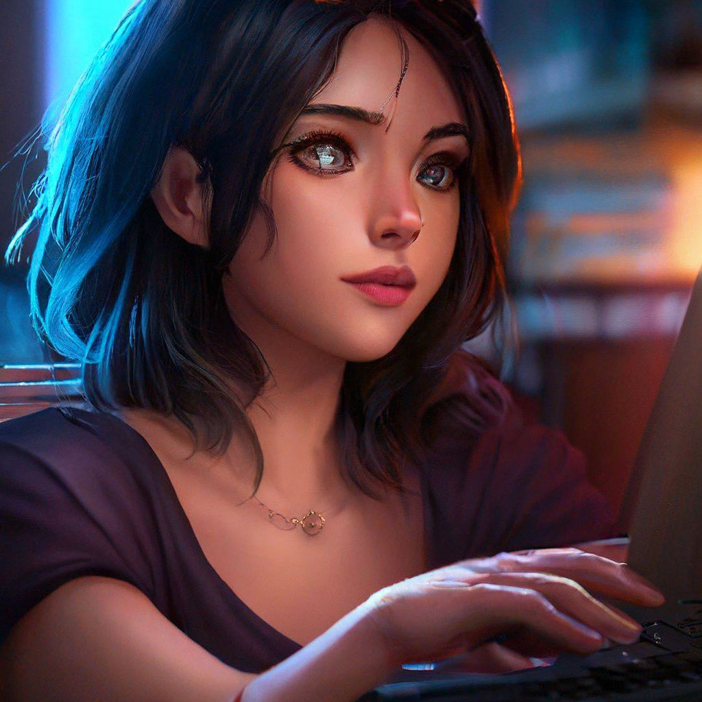 Красивая девушка играет в компьютер» — создано в Шедевруме