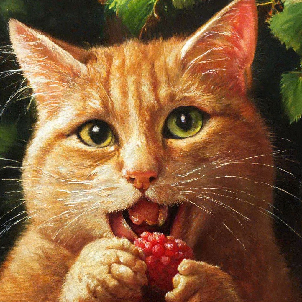 The cat eats raspberriesquot  image created in Shedevrum