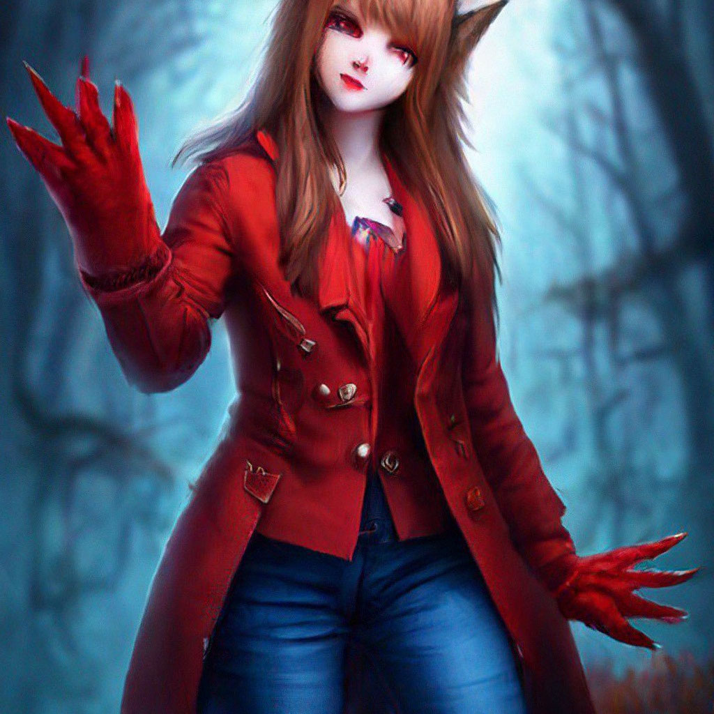 «Девушка-волчица в красном пальто и…» — создано в Шедевруме