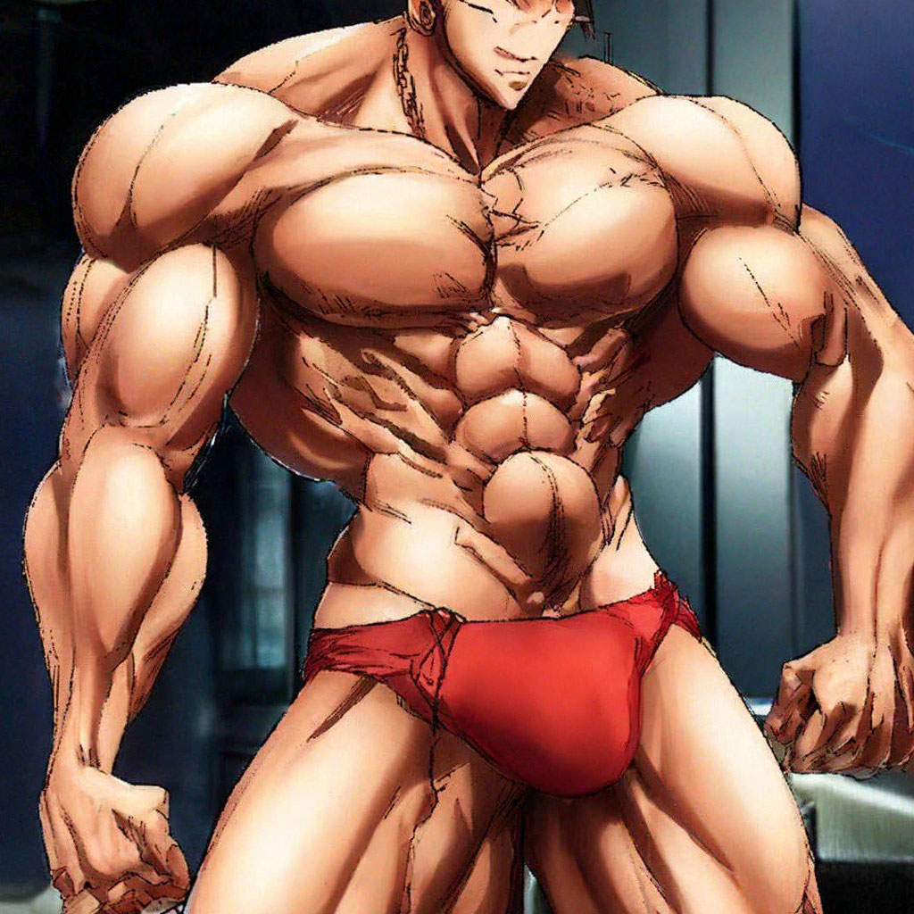 anime muscles and something very much bulges out of the underpants.