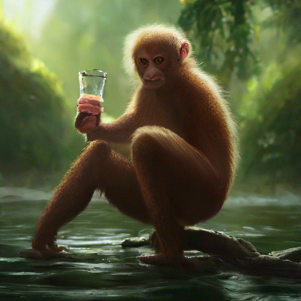 «Обезьяна пьет воду из реки» — создано в Шедевруме