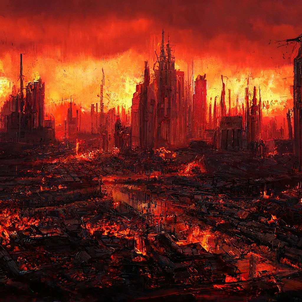 The sky is red. the city is burning. destroyed houses. chaos. the city in …" — image created in Shedevrum