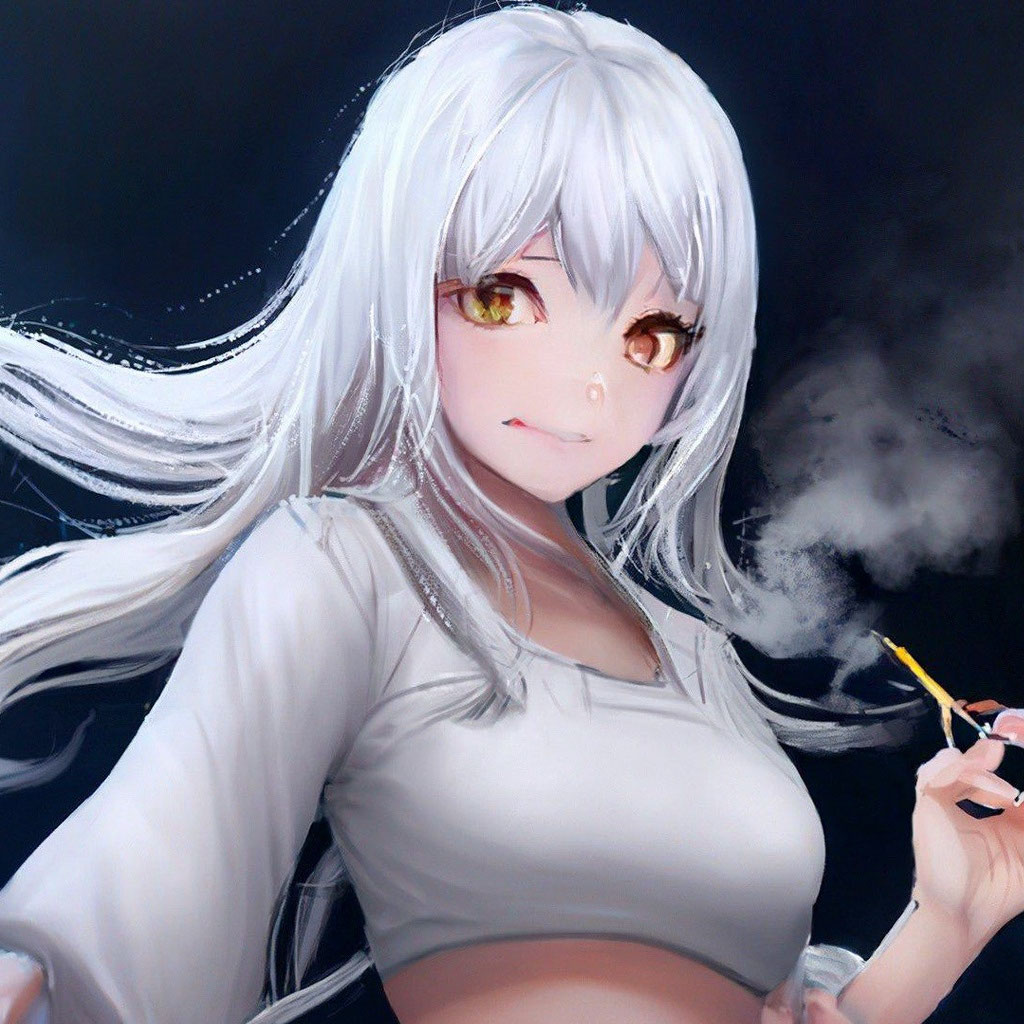 Anime chan cute low happy white hair smokes a cigarette