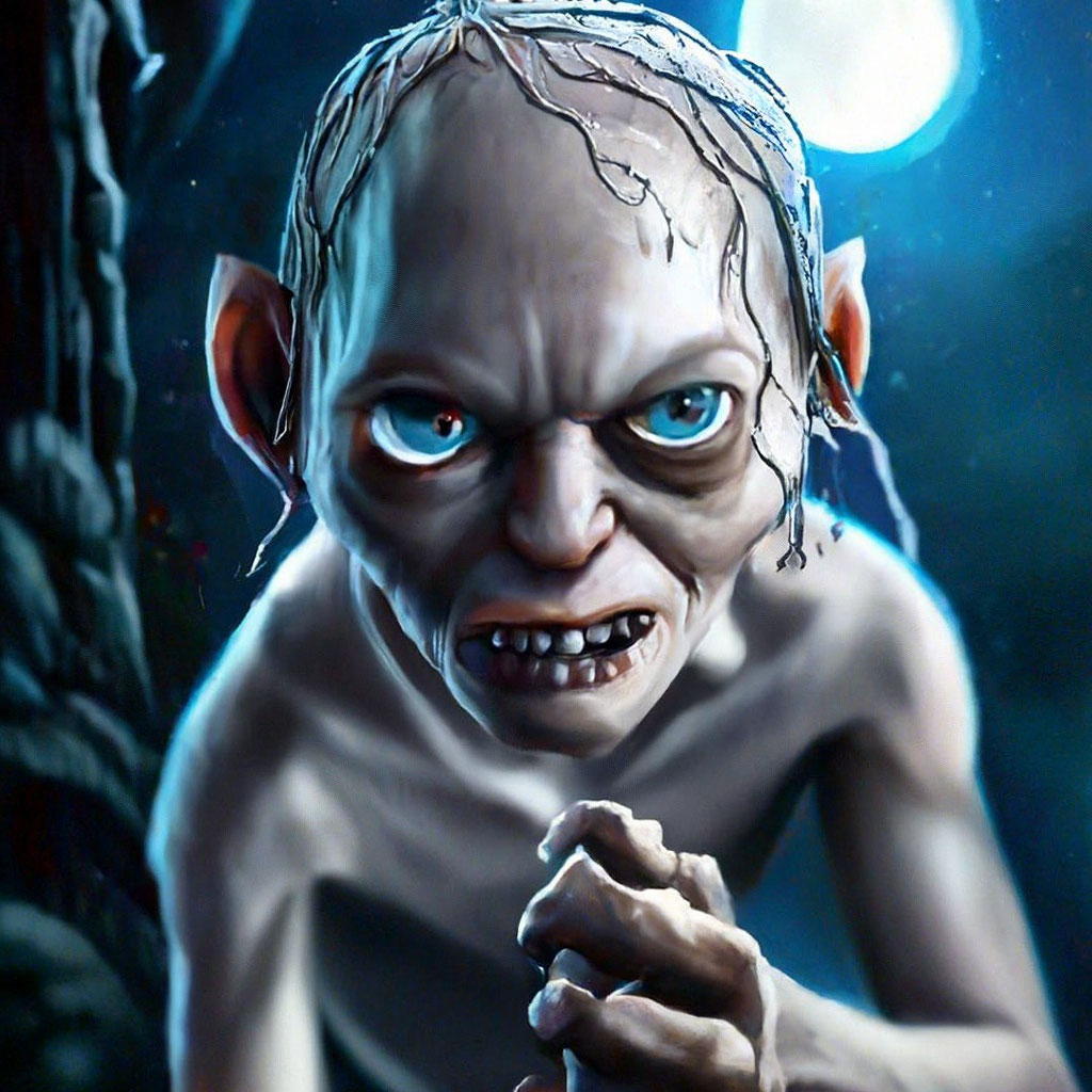"Gollum looks at the rising moon and ." - image created in Shedev...