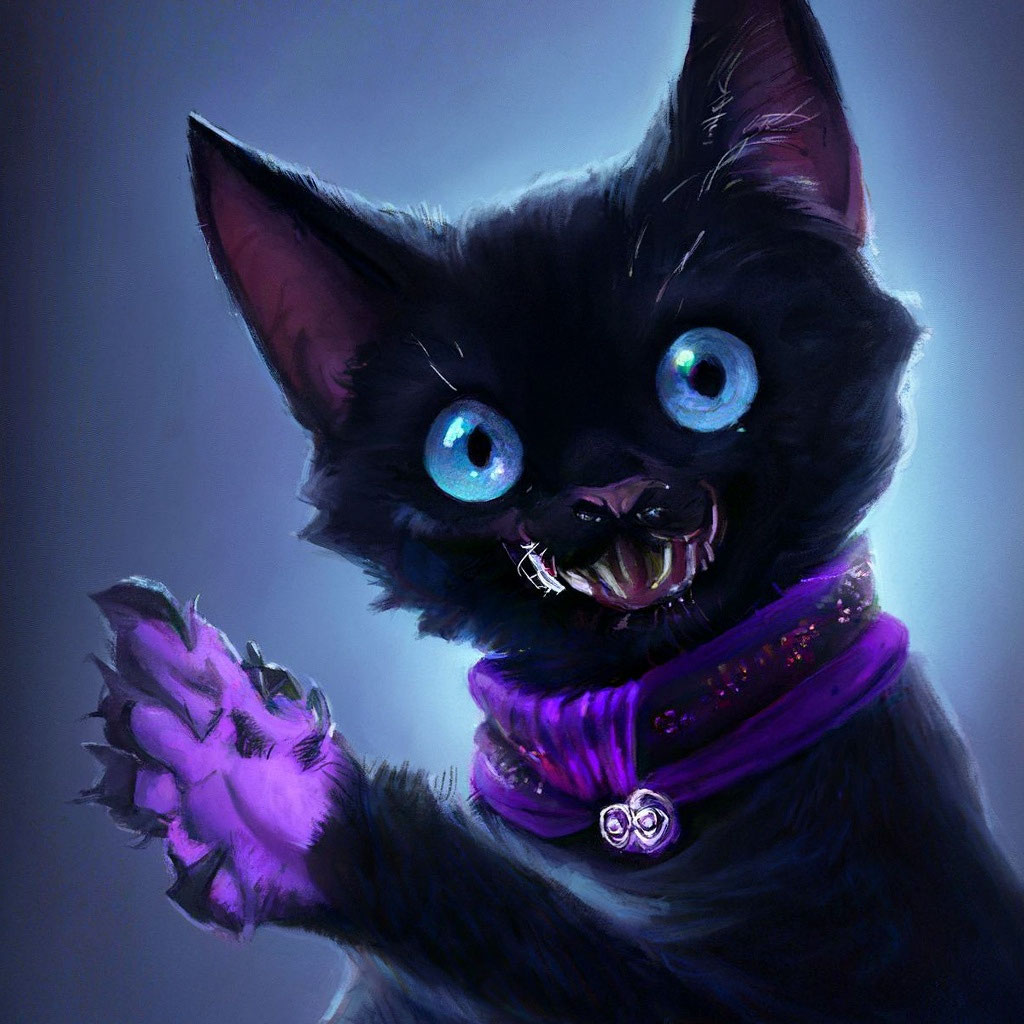 Мелкий чёрный кот с голубыми …» — создано в Шедевруме