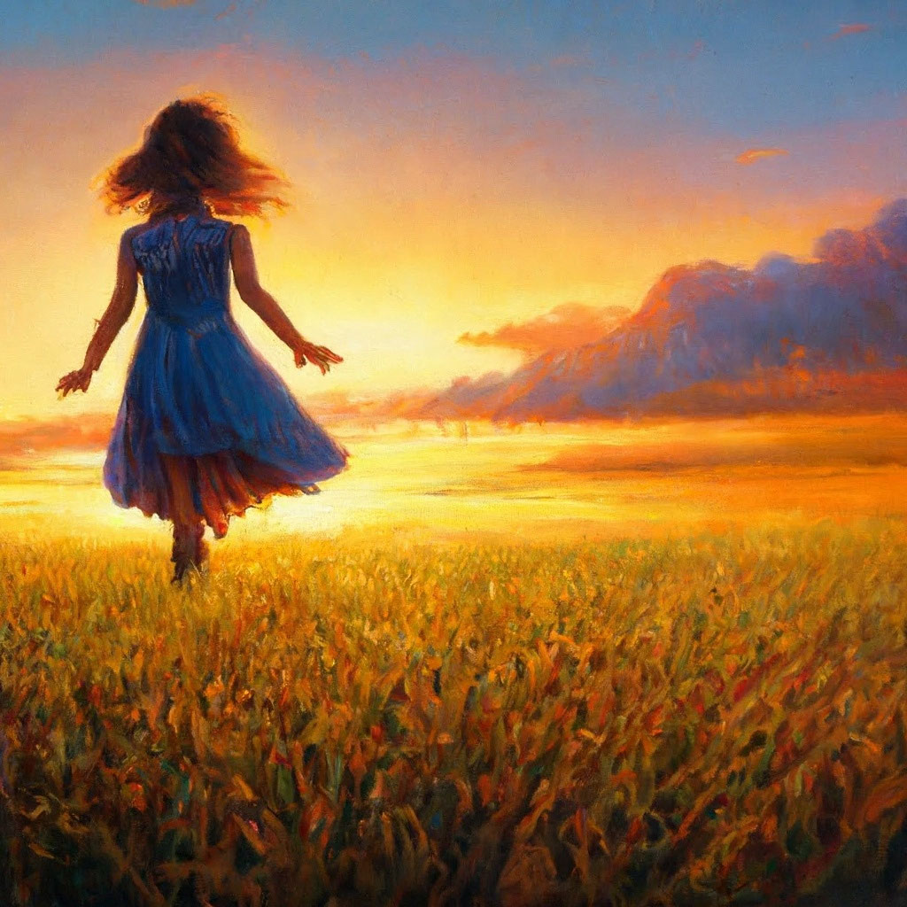 «Солнце закат и девушка бежит по …» — создано в Шедевруме