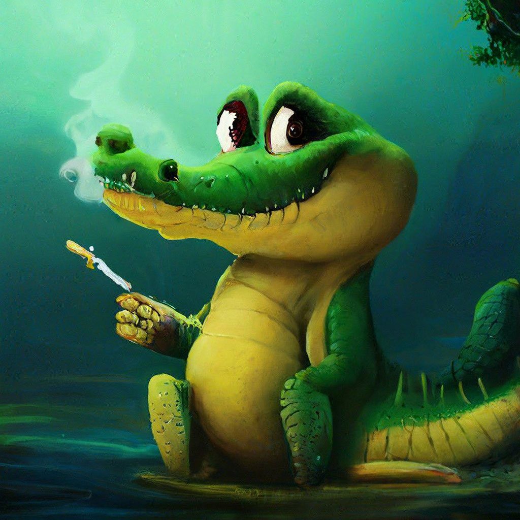 A detailed cute crocodile smokes a joint