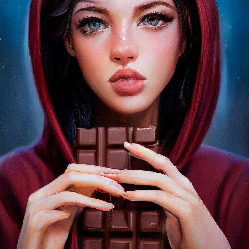 Красивая девушка в худи ест шоколад…» — создано в Шедевруме