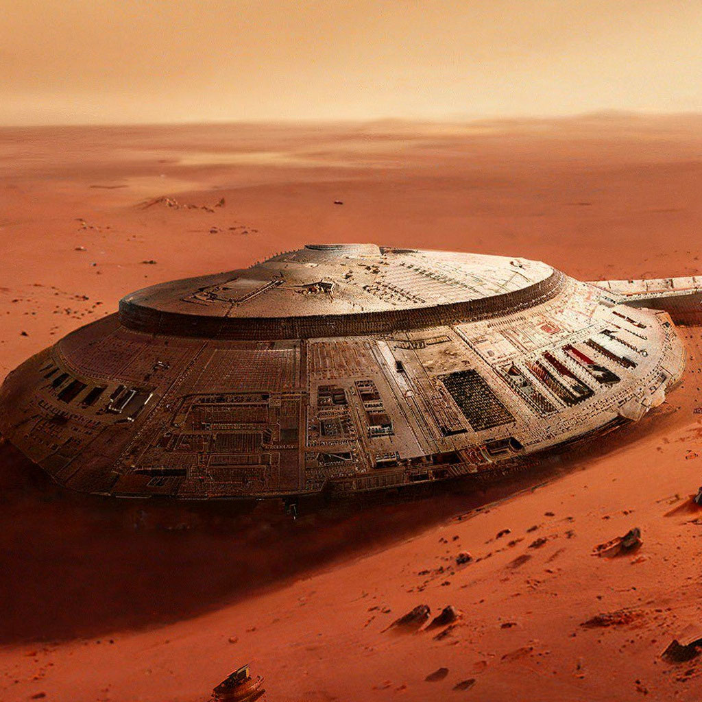 An interstellar ship buried in the red sands of the planet Mars" — image created in Shedevrum
